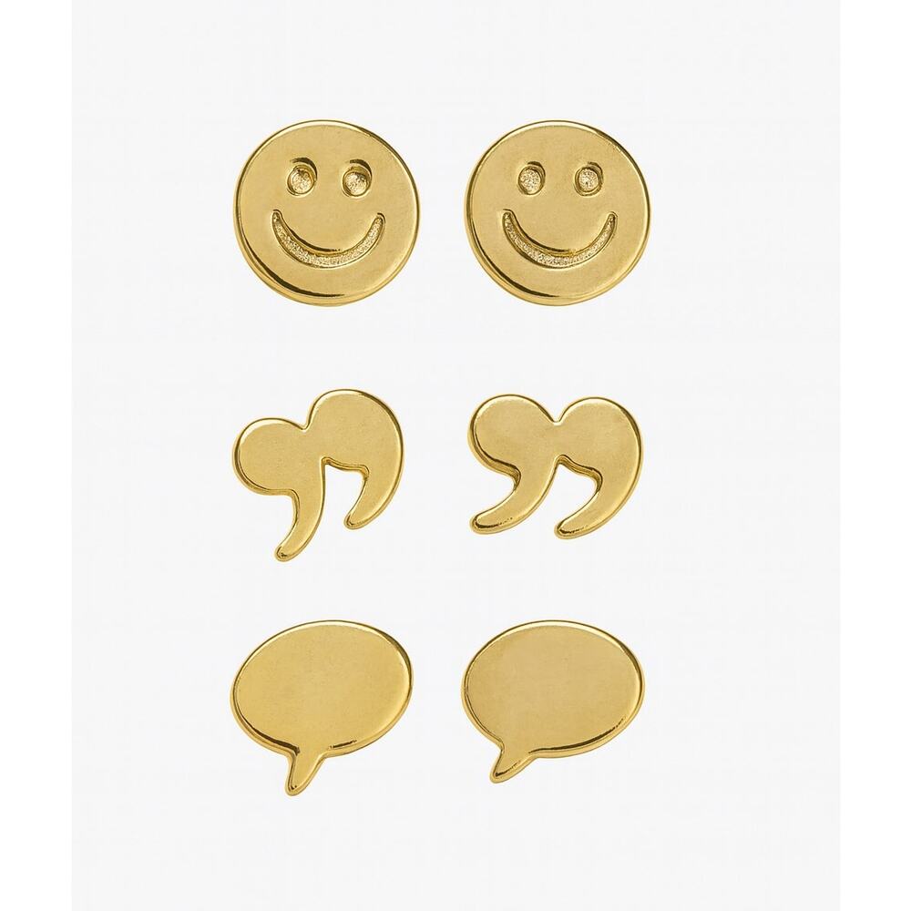 Bloom Gold-tone Earring Set Stud Emoji Speech Bubbles Smiley Face Fun Gift 3 Pc